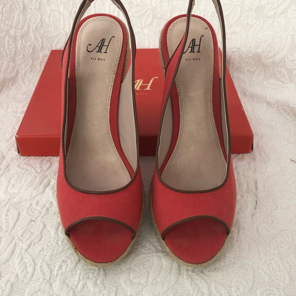 All Hail red coral with brown trim espadrille sling back.  Size 7  $29.00